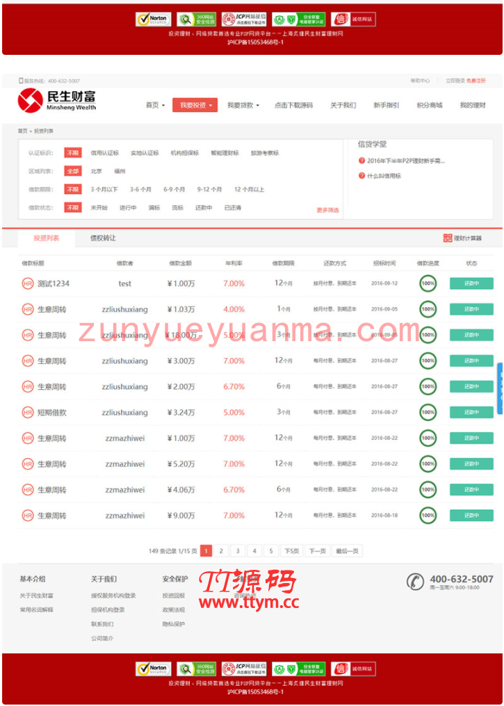 民生财富专业P2P网络贷款借贷系统投资理财平台网站源码