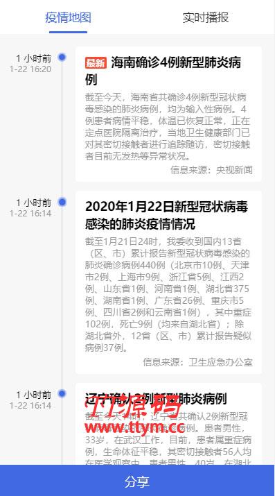 全国新型冠状病毒肺炎(2019-nCoV)疫情实时分布图HTML源码